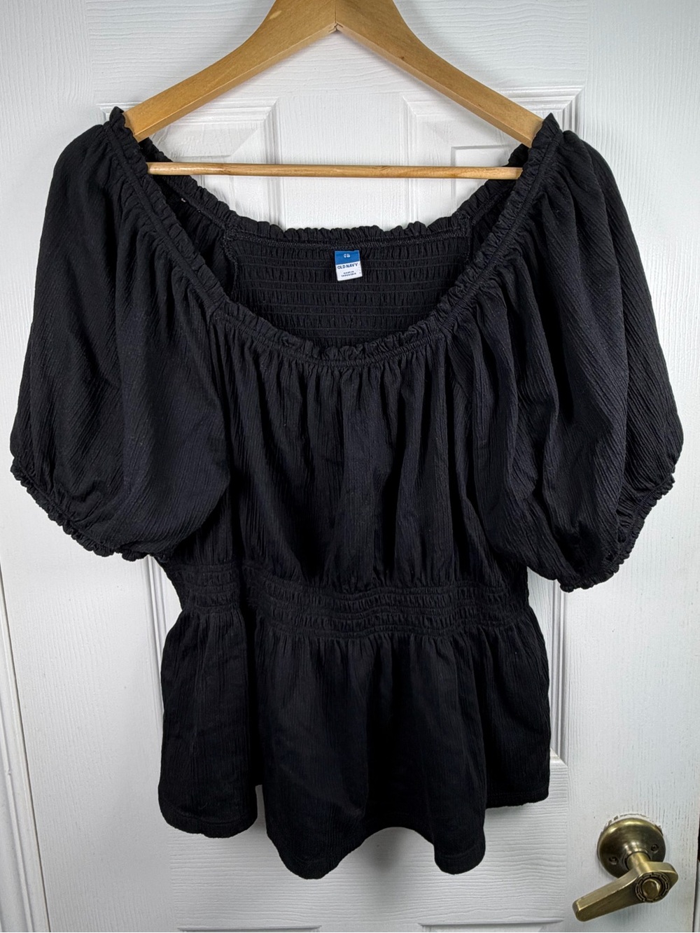 Old Navy Black Puff Sleeve Peasant Blouse Women's XL Smocked Square Neck Cottage